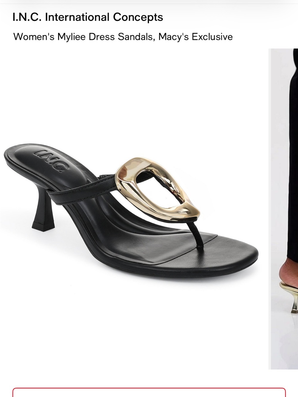 INC International Concepts Black Thong Heel with Gold Accent